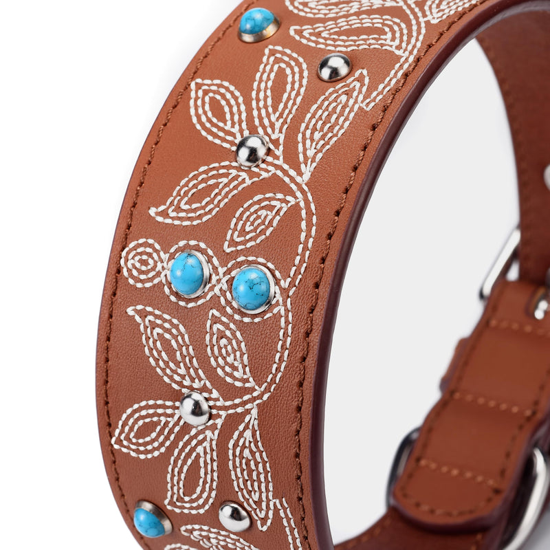 Blueberry Pet Genuine Leather Dog Collar - Western-Inspired Brown Leather Dog Collar for Large Dogs with Floral Embroidery & Turquoise Studs, 18-22 Inch Adjustable & Durable for City Pet Owners Canyon Brown