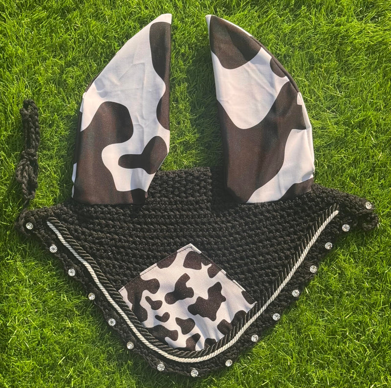 Elegant Cow Print Horse Ear Bonnet, Fly Veil & Fly Mask – Fly Protection with Style and Comfort for Every Ride (Horse/Full) HORSE / FULL
