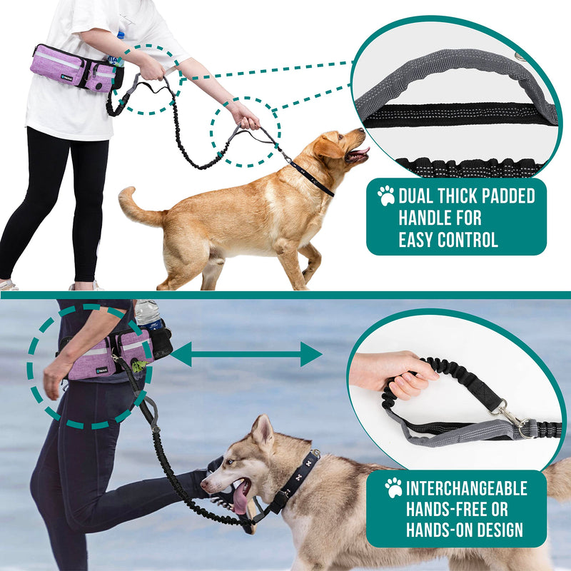 PetAmi Hands Free Dog Leash, Dog Running Leash Belt Bag for Walking, Jogging, Dog Waist Double Zipper Pouch with Poop Bag Dispenser, Dual Padded Handles Reflective Bungee Leash, Single 1 Leash Purple