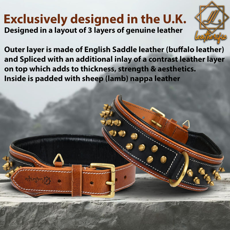 Genuine Leather Dog Collar by Leatherific, Premium Bridle Leather, Heavy Duty, Padded, Strong, Screwed Spikes, Medium, Large, Extra Large Breeds, 2" Wide (Charcoal, Neck Size 22"-26") Charcoal Neck Size 22"-26" - PawsPlanet Australia
