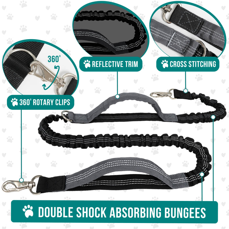 PetAmi Hands Free Dog Leash, Dog Running Leash Belt Bag for Walking, Jogging, Dog Waist Double Zipper Pouch with Poop Bag Dispenser, Dual Padded Handles Reflective Bungee Leash, Double (Turquoise) 2 Leashes Turquoise - PawsPlanet Australia