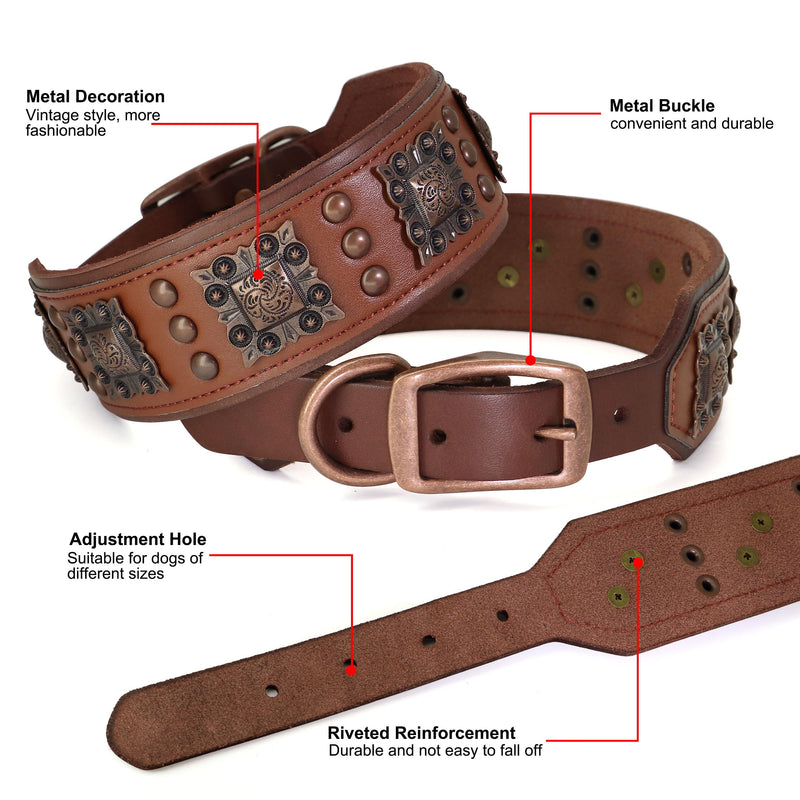 PET ARTIST Stylish Genuine Leather Dog Collar,2 inch Wide Soft Padded Leather Dog Collar for Medium & Large Dogs,Hand Made with Rivet Studded,Brown,Neck 19-22" L:Neck 19"-22"(47-55CM),Width 2" Brown - PawsPlanet Australia