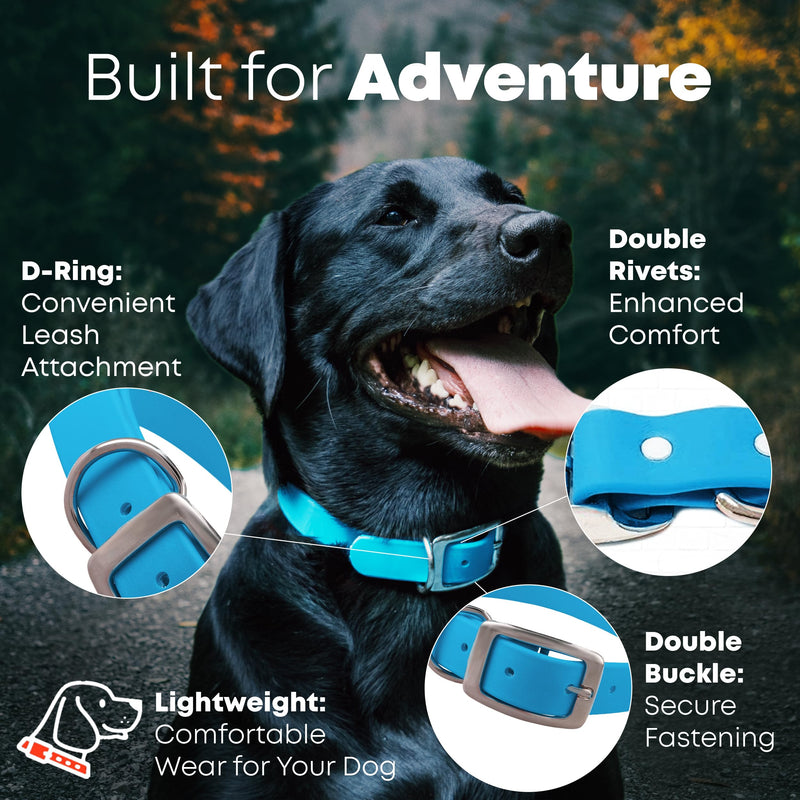 Waterproof Standard Dog Collar with Black Hardware Double Buckle & D Ring with Matching 5' Leash Combo Small Black Harware Light Blue