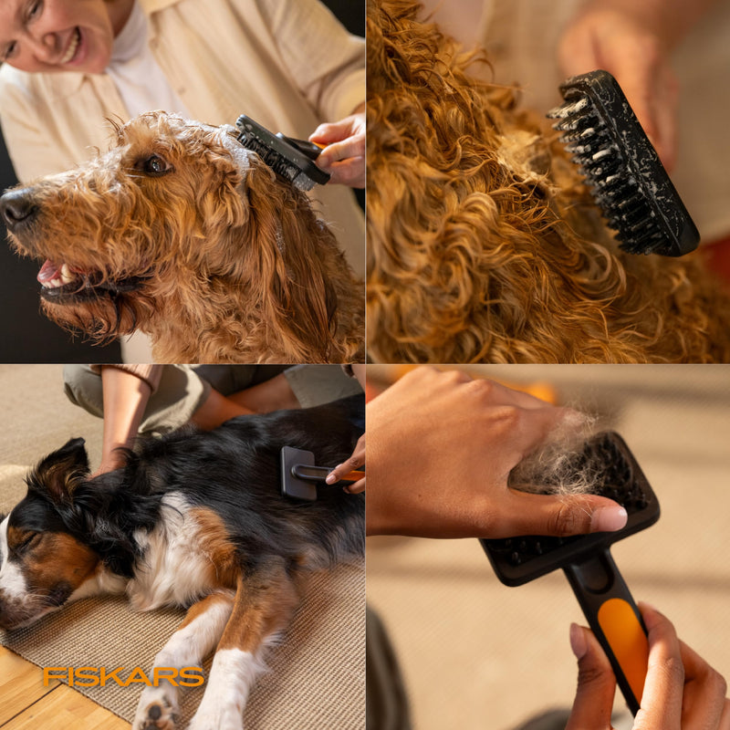 Fiskars Pet Massage Brush, Cat and Dog Brush, Flexible Silicone Bristles & SoftGrip™ Handle for Gentle Deshedding, 6.5”, Orange/Black