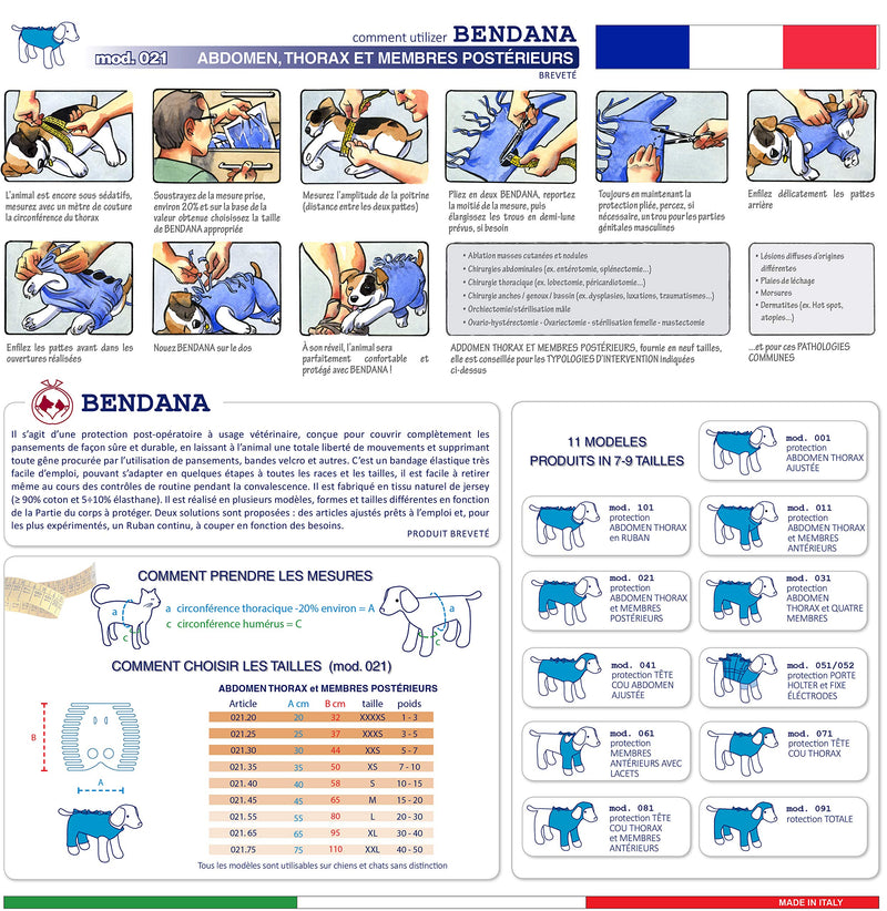 Bendana Post-operative suit for dogs and cats, protects wounds and bandages and gives the animal its freedom of movement. Model 021 - Suit for abdomen, chest and hind legs (S)