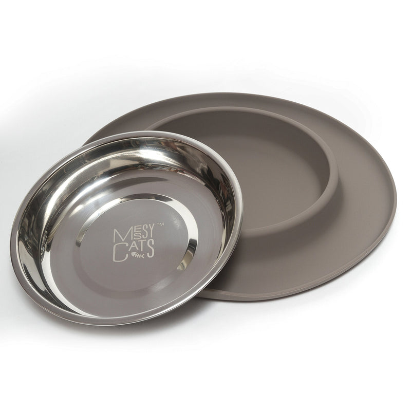 Messy Cats Single Silicone Feeder with Stainless Saucer Shaped Bowl | Anti-Slip Non-Skid Cat Food Bowl | One Cat Bowl in Feeding/Water Station Grey - PawsPlanet Australia