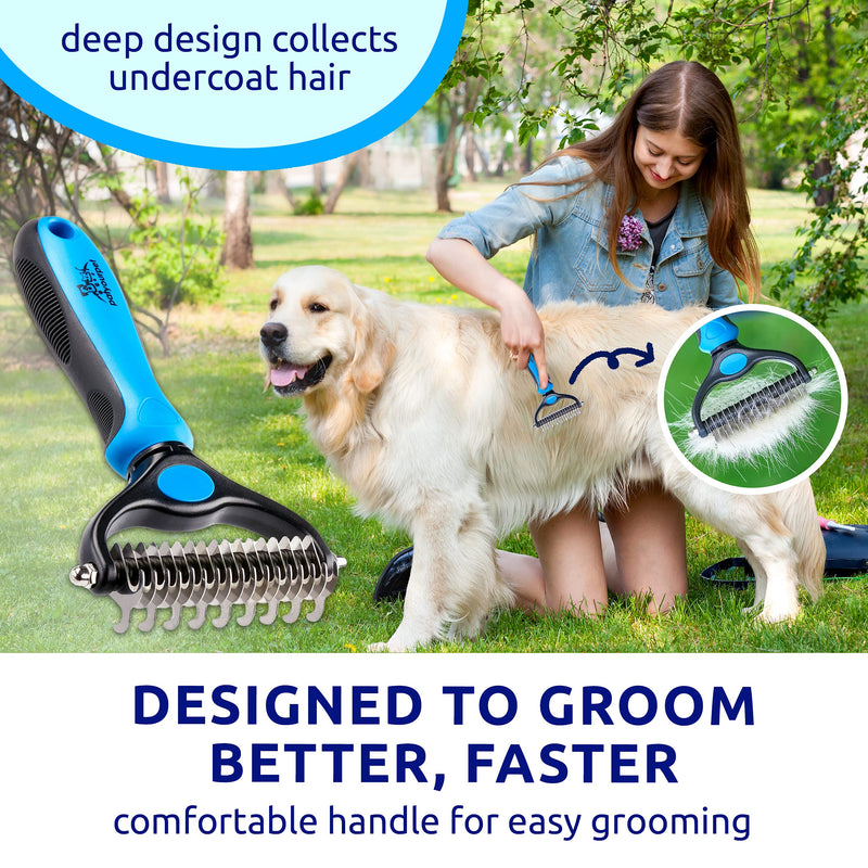 Pat Your Pet Deshedding Brush - Double-Sided Undercoat Rake for Dogs & Cats - Shedding Comb and Dematting Tool for Grooming, Extra Wide Blue
