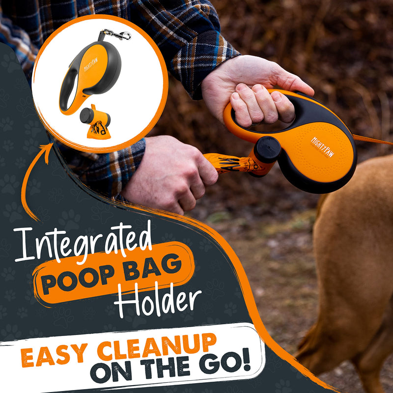 Mighty Paw Retractable Leash with Built-in Poop Bag Holder | 16' Long Retractable Dog Leash for Small Dogs, Medium Breeds & Large Pets with Tape for Quick Control. Poop Bags Included Orange Lite | 0 - 23 kg - PawsPlanet Australia