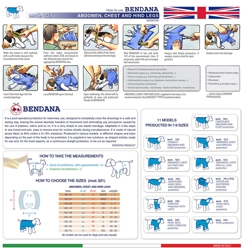 Bendana Post-operative suit for dogs and cats, protects wounds and bandages and gives the animal its freedom of movement. Model 021 - Suit for abdomen, chest and hind legs (S)