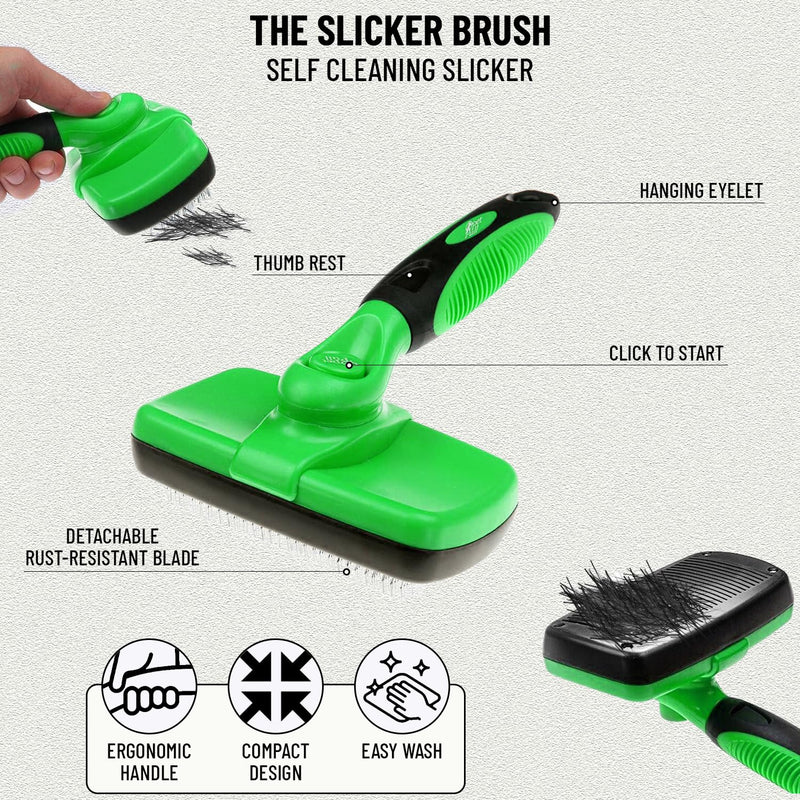 Complete Professional Pet Grooming Kit with Pet Hair Removal Tool Brush Gloves, Self Cleaning Slicker Brush, and Pro Grooming Dog Brush Deshedder Comb to Reduce Shedding (Green) Green - PawsPlanet Australia