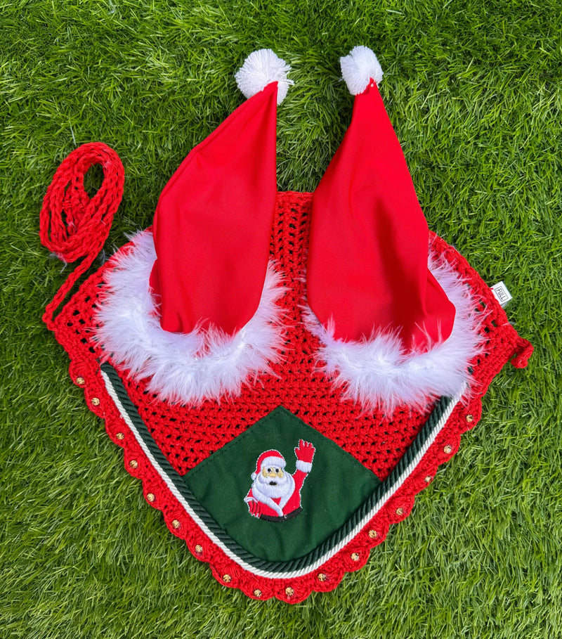 Horse Ear Bonnet Santa Claus Double Hats Fly Hood Ear Net Fly Veil Gift for A Christmas Equestrian Tack Equine (Embroidery, Horse/Full) Embroidery Horse / Full