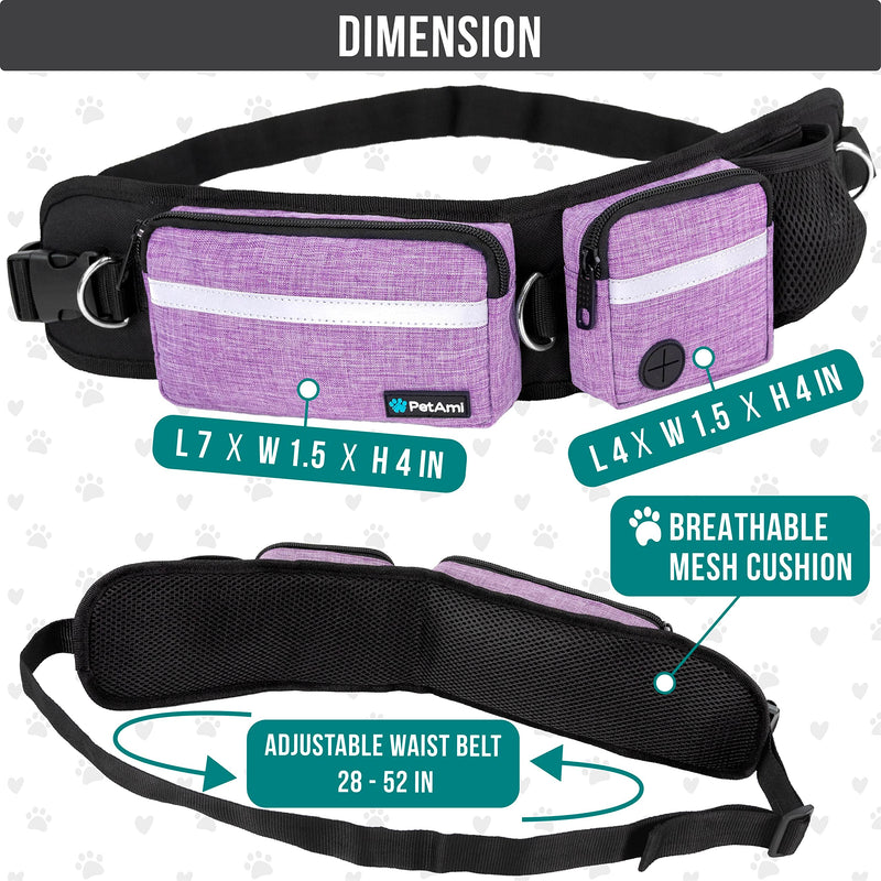 PetAmi Hands Free Dog Leash, Dog Running Leash Belt Bag for Walking, Jogging, Dog Waist Double Zipper Pouch with Poop Bag Dispenser, Dual Padded Handles Reflective Bungee Leash, Single 1 Leash Purple