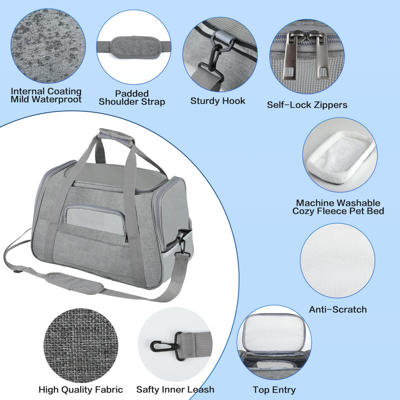 FluffyDream Pet Travel Carrier Soft Sided Portable Bag for Cats, Small Dogs, Kittens or Puppies, Collapsible, Durable, Airline Approved, Travel Friendly (Grey, 17.0" L x 10.0" W x 11.0" H) (Grey) Grey 10.0"L x 11.0"W x 17.0"H