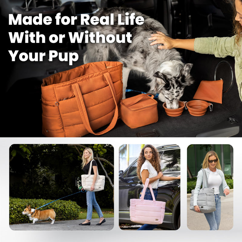 rubyloo Puffer Dog Travel Bag for Dog Moms – Doggy Diaper Bag with Pet Bowls & Food Storage or Everyday Puffy Tote – Doggy Mom Gifts for Women – Lightweight, Travel-Ready Gift for Pet Lovers – Beige - PawsPlanet Australia
