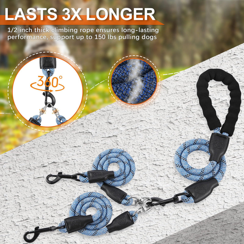 Double Dog Leash for Two Dogs - Detachable 360° Swivel, No Tangle Leash with Reflective Strips for Walking and Training Small Medium and Large Dogs, S/8-45ibs, Blue S/8-45 ibs - PawsPlanet Australia