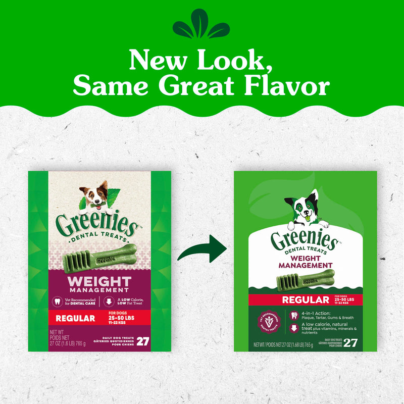 Greenies Veterinarian-Recommended Adult Natural Dental Dog Treats Regular Size, Weight Management Dog Dental Chews, 27 oz. Pack, 27 Count 27 Count (Pack of 1)