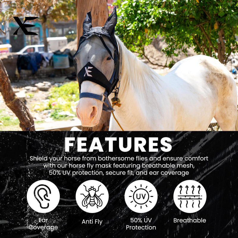 XE Horse Fly Mask with Ears –Breathable Mesh Horse Mask for UV Protection and Equine Fly, Standard Equestrian Black Horse Fly Mask (Cob, M)