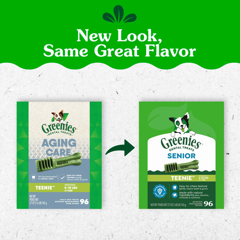 Greenies Dental Treats for Dogs, Veterinarian-Recommended Aging Care Adult Natural Dental Dog Treats, Teenie Size, 27 oz. Pack, 96 Count 96 Count (Pack of 1)