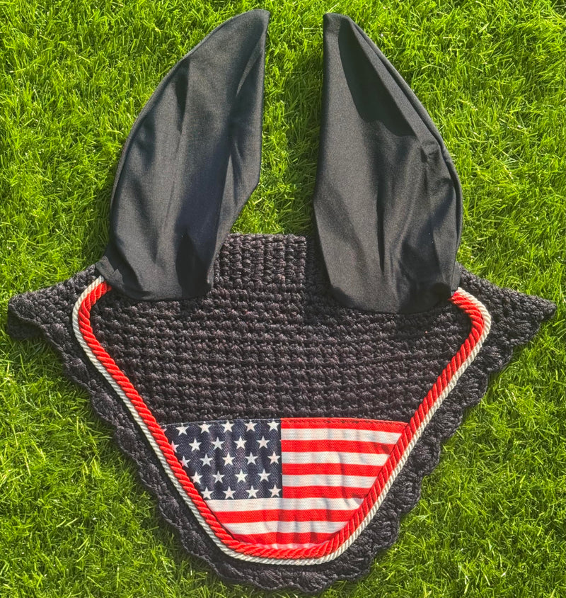 Elegant USA Flag Horse Ear Bonnet, Fly Veil & Fly Mask – Fly Protection with Style and Comfort for Every Ride (Horse/Full)