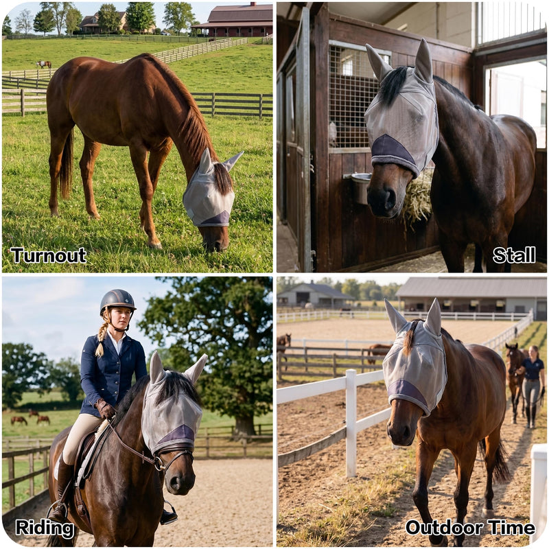 Horse Fly Mask with Ears - UV Protection Fine Mesh Super Comfort Fly Masks for Horses, Adjustable Breathability Horses Masks, Pony Equine Fly Mask for Miniature Foal Draft Cob Srabian Full (Gray, L) Grey