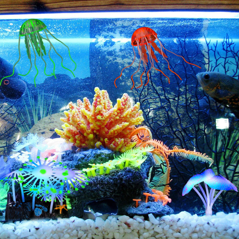 57 Pieces Glowing Fish Tank Decorations Plants with Simulation Glowing Silicone Coral Glowing Jellyfish Lotus Leaf Changeable Green Sea Anemone Luminous Stones for Aquarium Fish Tank Glow Ornament - PawsPlanet Australia