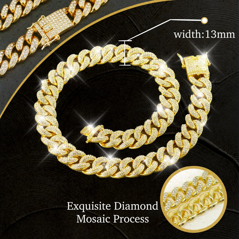Dog Chain Designer Gold Crystal Pet Collar Cuban Link Chain with Secure Buckle Luxury Adjustable Necklacefor Small Medium Large Dogs Cats(Glod 14inch) 14 Inch - PawsPlanet Australia