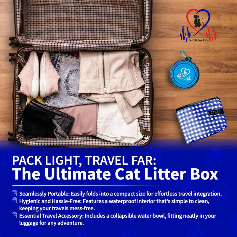 Pet Fit For Life - Vibrant Collapsible Travel Cat Litter Box - Portable, Foldable, Compact Design with Bonus Water Bowl - Ideal for Car & Camping - Reusable, Cats Safe - Blue, (16"x12"x5") - PawsPlanet Australia