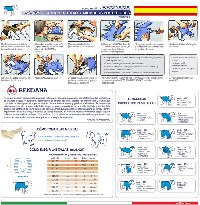 Bendana Post-operative suit for dogs and cats, protects wounds and bandages and gives the animal its freedom of movement. Model 021 - Suit for abdomen, chest and hind legs (S)
