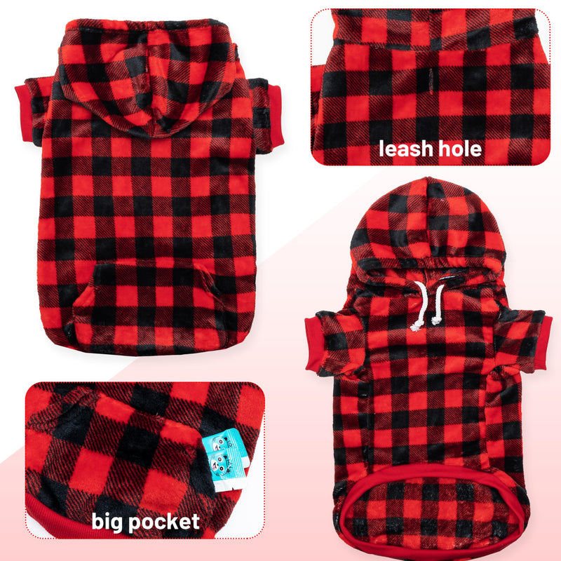 Dog Hoodie for Large Meidum Small Dogs, Winter Plaid Fleece Warm Hooded Dog Hoodies Christmas Pet Sweatshirt Clothes with Pockets for Cold Weather (S-XXL) - PawsPlanet Australia