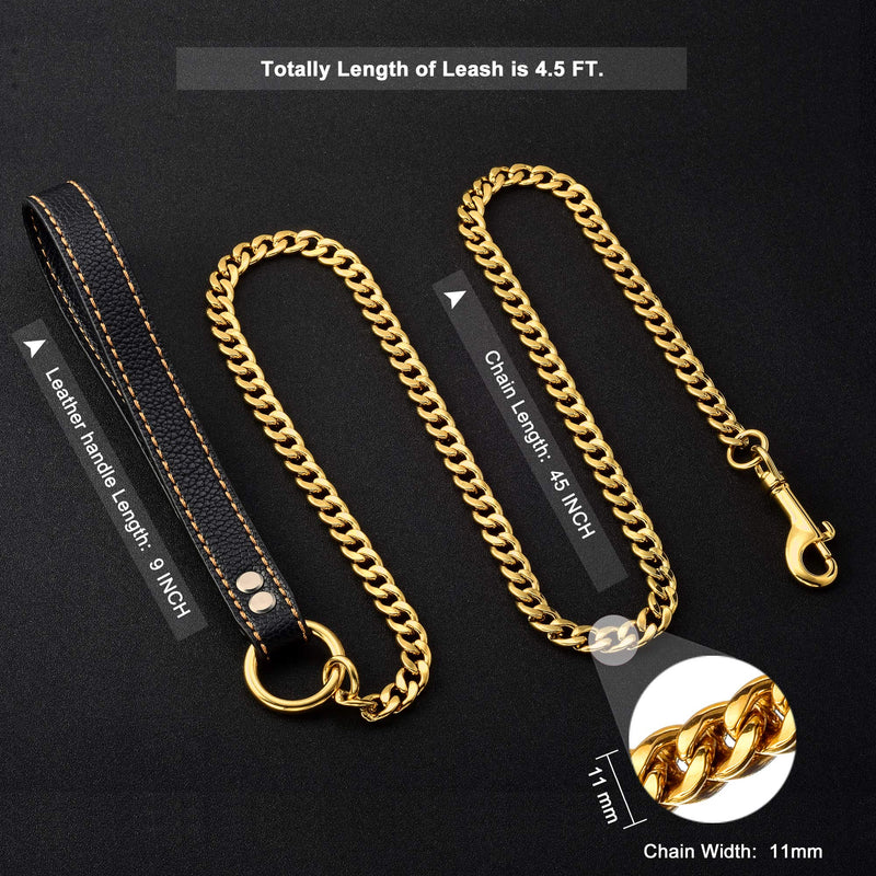 Chain Dog Leash Metal Chew Proof Leash, Leather Handle 11mm Gold 18K 4.5FT Heavy Duty Pet Leash Chain, with Padded Handle for Large Medium Small Dogs (Totally Length of 4.5FT)