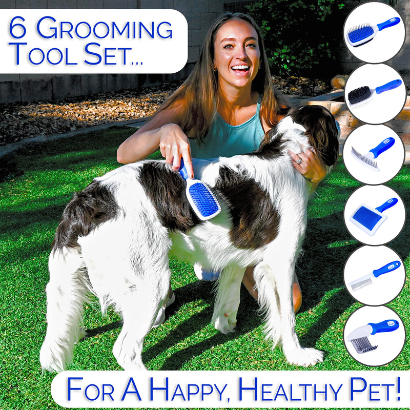 6 In 1 Premium Dog Brush Set - Dog Grooming Brushes - Ball Pin & Bristle Brush, Curved Blade Dematting Comb, Slicker Brush, Deshedding Edge Comb, Detangling Pet Comb - PawsPlanet Australia