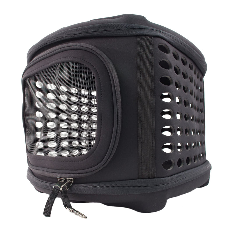 Pet Life Circular Shelled Travel Pet Carrier - Collapsible and Folding Airline Dog Carrier with Lightweight Military-Grade Durability with Included Shoulder Straps Black 18.2"L x 14.6"W x 12.2"H - PawsPlanet Australia