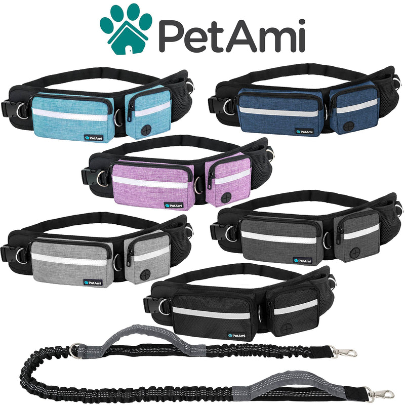 PetAmi Hands Free Dog Leash, Dog Running Leash Belt Bag for Walking, Jogging, Dog Waist Double Zipper Pouch with Poop Bag Dispenser, Dual Padded Handles Reflective Bungee Leash, Single 1 Leash Purple