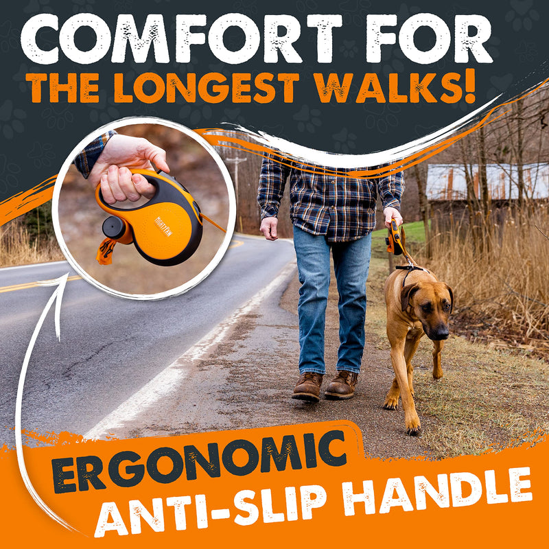 Mighty Paw Retractable Leash with Built-in Poop Bag Holder | 16' Long Retractable Dog Leash for Small Dogs, Medium Breeds & Large Pets with Tape for Quick Control. Poop Bags Included Orange Lite | 0 - 23 kg - PawsPlanet Australia