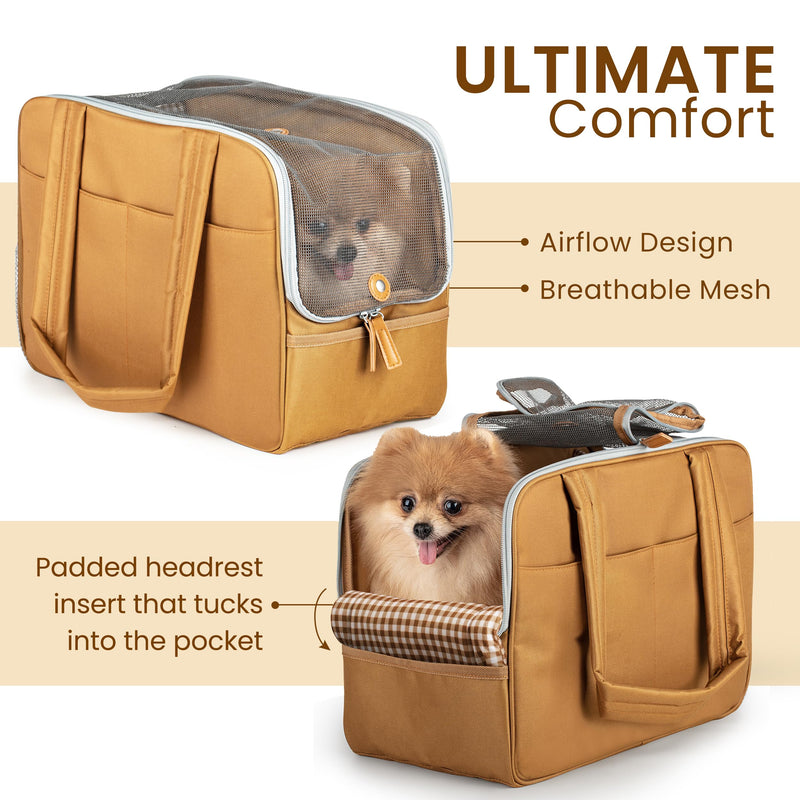 Dog Purse Carrier for Small Dogs – Cotton Padded Interior, Multiple Pockets, Breathable Mesh & Comfortable Strap – Durable Polyester Travel Bag, Lightweight Cat Carrier - Versatile Small Pet Bag brown - PawsPlanet Australia