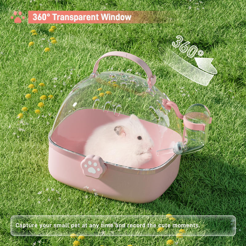 BUCATSTATE Small Animal Carrier Cage with Water Bottle, Portable Hamster Travel Carrier Carry Case 7.24" L*6.69 W *6.42" H for Small Pets, Gerbils, Mice, Dwarf Hamster (Pink) Pink