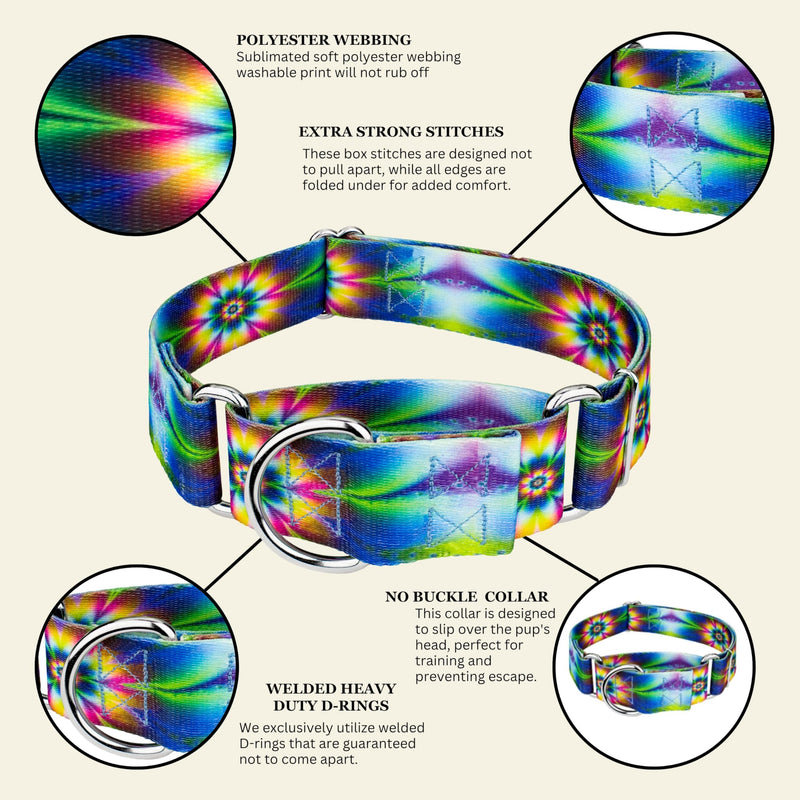 Country Brook Petz - HossFit Jr Wide Martingale Dog Collar - Groovy Collection Featuring Far Out Designs (Tie Dye Flowers, Medium) Medium (Pack of 1) Tie Dye Flowers