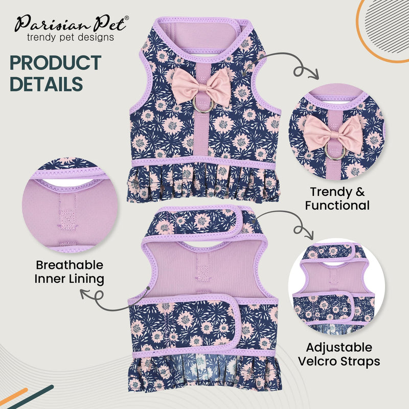 Parisian Pet Floral Dog Harness Dress - Breathable No Pull Puppy Dress with Leash Ring - 100% Mesh Fabric Harnesses for Dogs - Soft Padded Step in Pet Vest - All Weather Dog Harness Small Sized Dogs S Midnight Blossoms