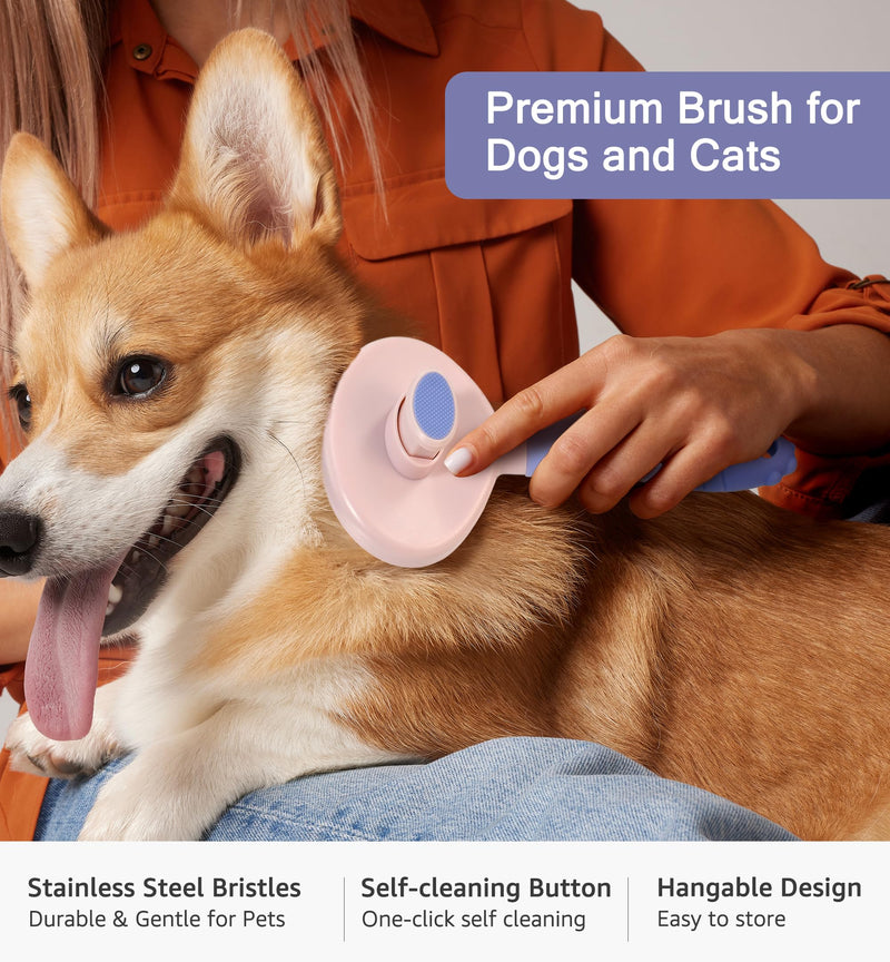 Pet Self-Cleaning Slicker Brush for Dogs & Cats, Deshedding Grooming Comb, Removes Loose Undercoat Hair & Mats, Skin-Friendly Massaging Tool for Long/Short Fur, Large & Small Breeds (Purple) Purple - PawsPlanet Australia