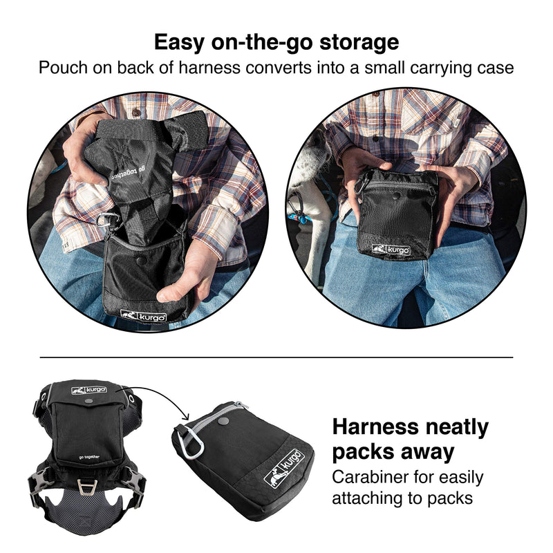 Kurgo Stash n' Dash Harness - Lightweight & Portable Travel Dog Gear - Ripstop Fabric - Reflective Trim - Foldable Dog Running Harness - V-Neck Design - Black - X-Large - PawsPlanet Australia
