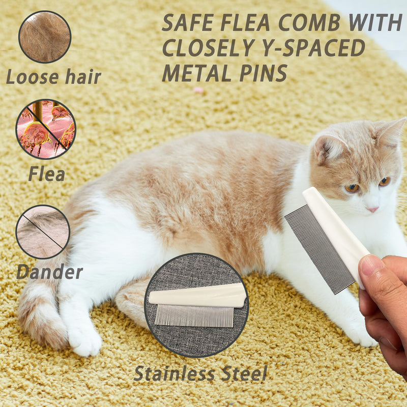 Cat Grooming Brush Kit 6 Tools - Deshedding & Dematting for Long/Short Hair, Self-Cleaning Slicker Brush with 6-in-1 Flea Comb for Cats & Kittens (White) White