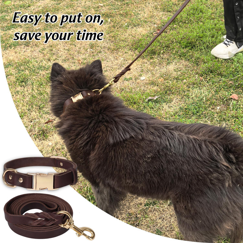 LWBMG 5FT Leather Dog Collar and Leash Set, Heavy Duty Dog Leash and Collar with Metal Buckle,Adjustable Pet Lead and Collar Set, Soft Pet Leash and Collar for Small Medium Dogs Brown S:Fit Neck:8.86~13.2'' - PawsPlanet Australia