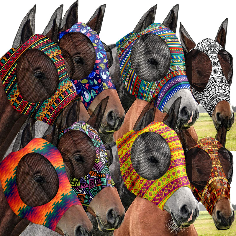 Qualirey 8 Pcs Fly Masks with Ears UV Protection Elastic Horse Face Cover Breathable Mesh for Riding Stable Pasture Supplies(Large,Geometric) Large Geometric