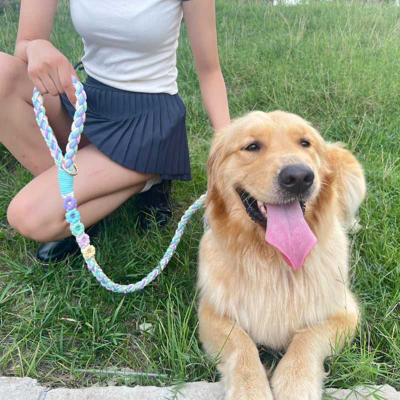 Handmade 5ft Braided Cotton Dog Leash with Unique Floral Handle, Durable and Stylish, Ideal for Small to Large Dogs, Rainbow Color - PawsPlanet Australia