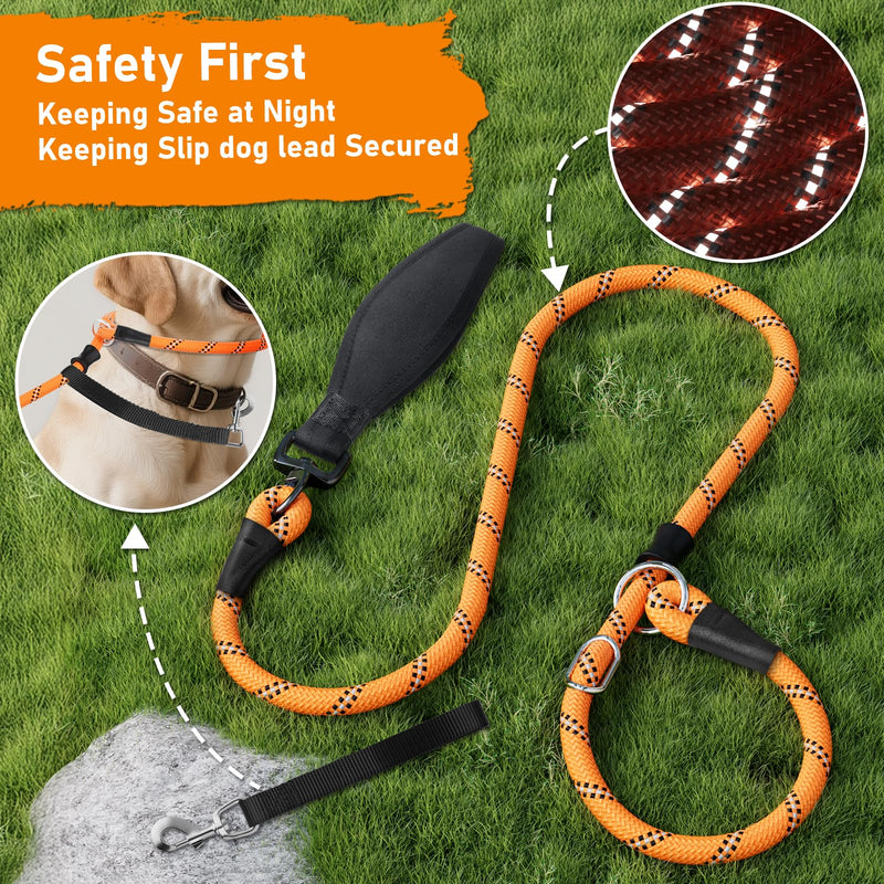 Slip Lead for Dogs, No Pull Training Leash with Double Comfortable Handles and Collar Attachment, Highly Reflective Strong Puppy Rope Leads for Medium Large Dog, Orange 13mm*1.8m - PawsPlanet Australia