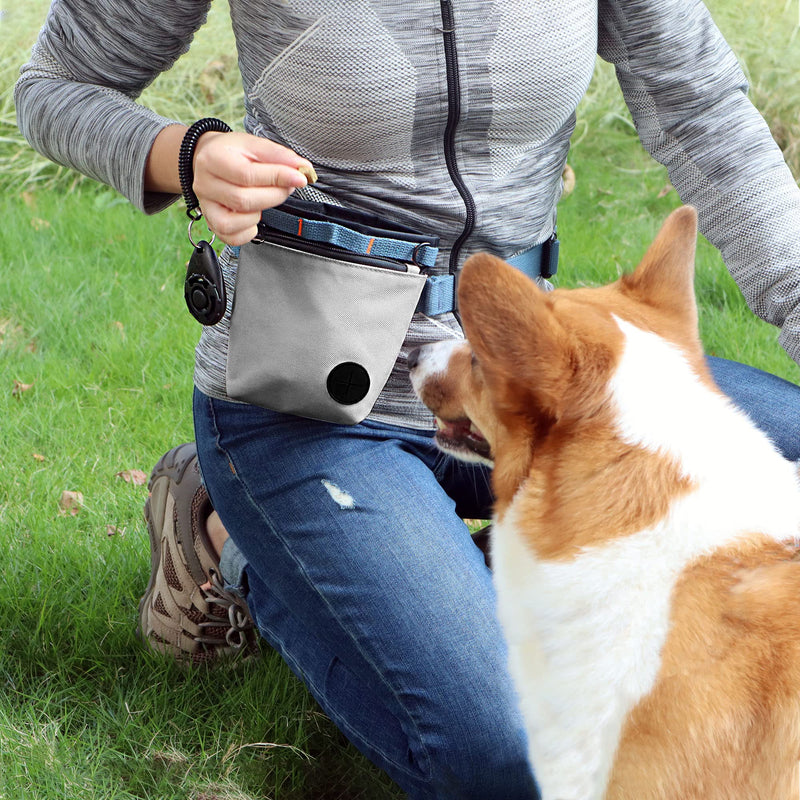 Dog Treat Pouch with Pet Training Clicker, Dog Training Treat Pouch Kit, Magnetic Closure, Hands-Free Training. (Grey) Grey - PawsPlanet Australia