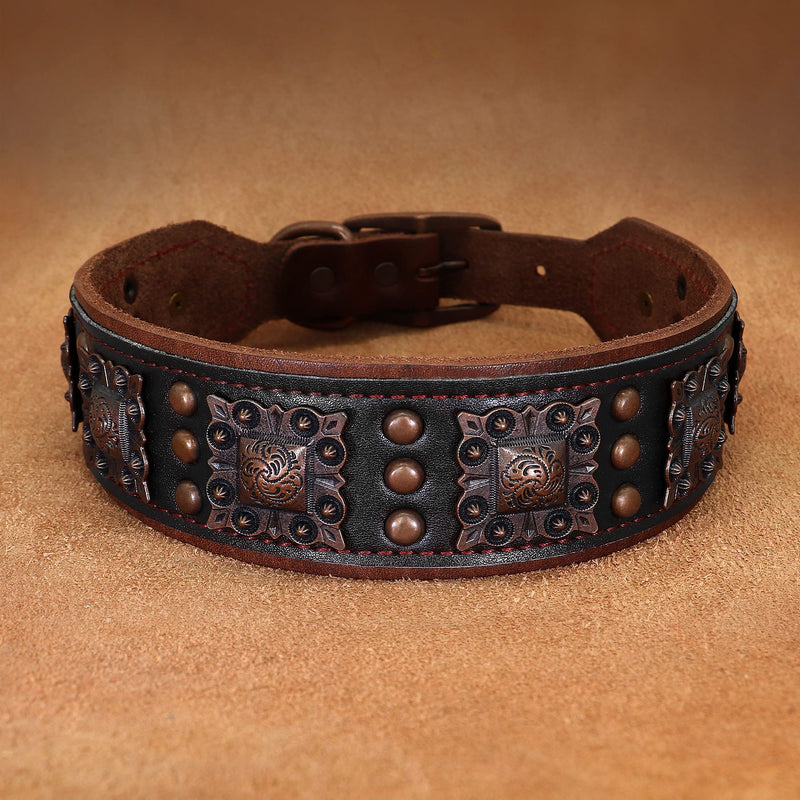 PET ARTIST Stylish Genuine Leather Dog Collar,2 inch Wide Soft Padded Leather Dog Collar for Medium & Large Dogs,Hand Made with Rivet Studded,Brown,Neck 19-22" L:Neck 19"-22"(47-55CM),Width 2" Brown - PawsPlanet Australia