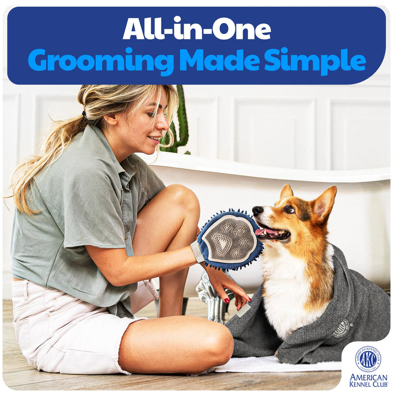 AKC - Dual-Sided Dog Grooming Glove with Silicone Bristles | Quick-Dry Towel | 2-in-1 Pet Grooming Tool for Bathing, Brushing, Shedding, Massaging & Coat Care for Small Medium & Large Dogs