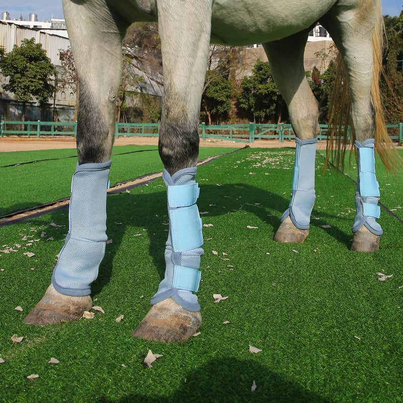 Adjustable Horse Fly Boots Set of 4, Equine Leg Protection Reduce Stomping, Breathable Mesh Fly Boots for Horses, Horse Leggings Leg Guards Light Blue 01 Pony