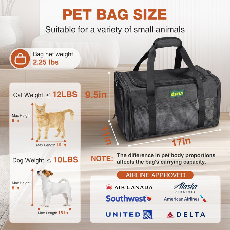 Airline Approved Cat and Small Dog Carrier 17"x11"x9.5"– Soft-Sided, Foldable Under-Seat Travel Bag for Pets up to 12 lbs, Top-Loading, Scratch-Resistant Mesh, Black 17x11x9.5 In - PawsPlanet Australia